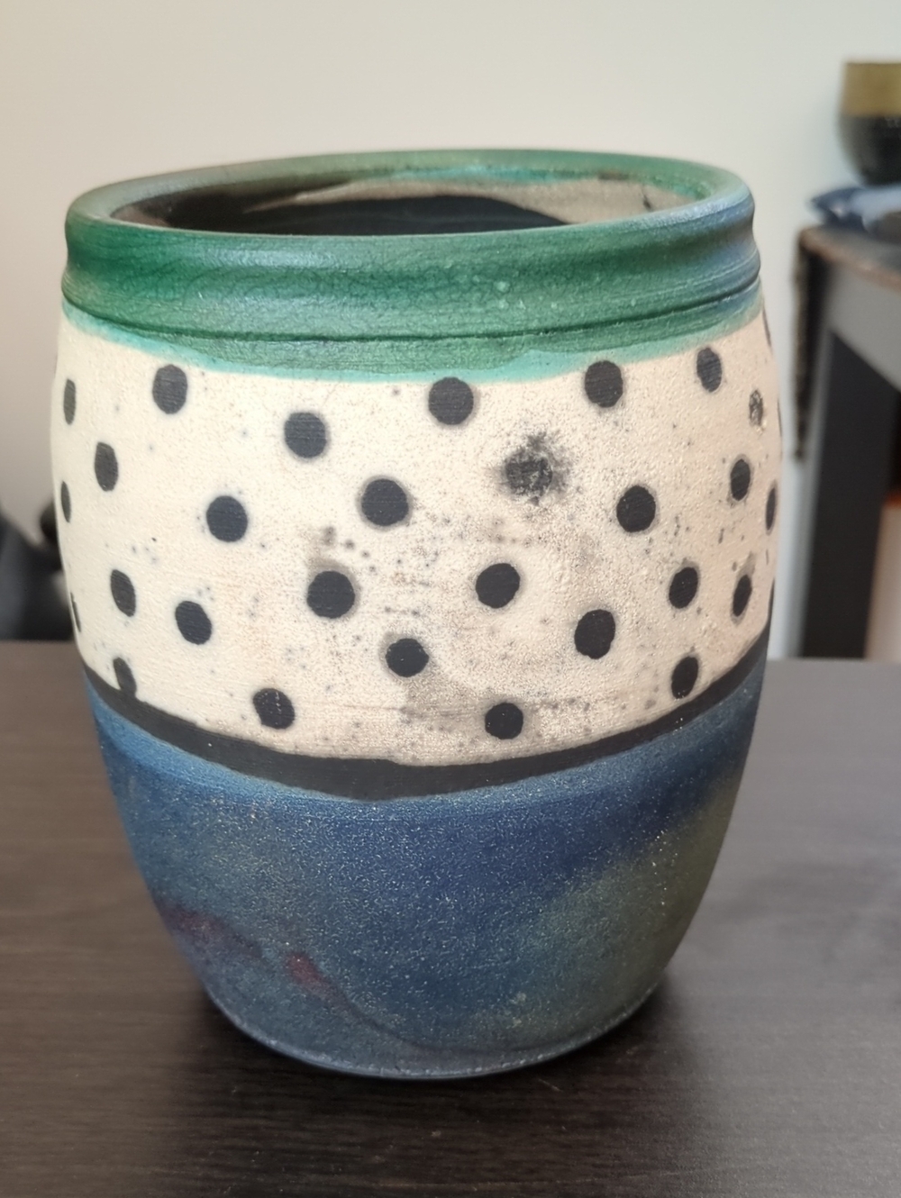 Handcrafted Blue, Green & Cream Polka Dot Ceramic Vase